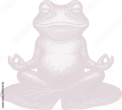 Meditating frog in a yoga lotus pose with retro halftone pattern. Funny zen amphibian character for mindfulness, spiritual design, or wellness-themed t-shirts.