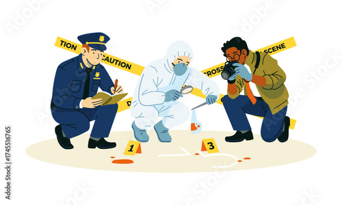 Crime scene investigation illustration. Forensic scientists collecting and photographing evidence and police officer taking notes. Concept of criminal investigation and forensic teamwork
