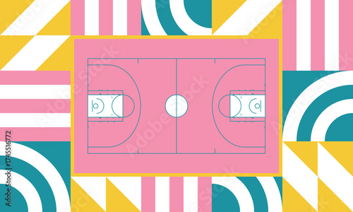 Basketball Court. Basketball design. Street sport art. Game Day. Basketball playoff. Final games. Team championship. Ball for Basketball. Sport creative poster. Modern graphic. Vector wallpaper