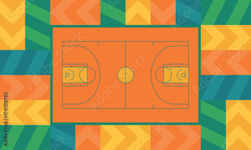 Basketball Court. Basketball design. Street sport art. Game Day. Basketball playoff. Final games. Team championship. Ball for Basketball. Sport creative poster. Modern graphic. Vector wallpaper
