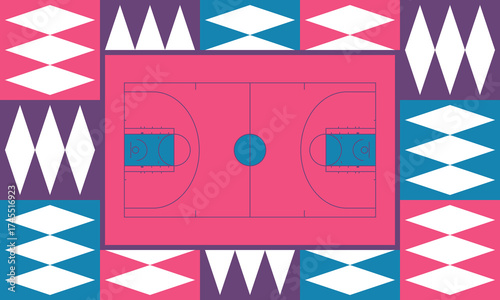 Basketball Court. Basketball design. Street sport art. Game Day. Basketball playoff. Final games. Team championship. Ball for Basketball. Sport creative poster. Modern graphic. Vector wallpaper