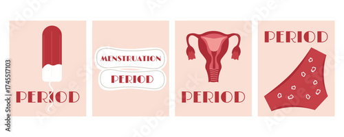 A set of posters and banners on the topic of women's menstruation and reproductive health. Hygiene elements: pads, tampons, uterus, panties