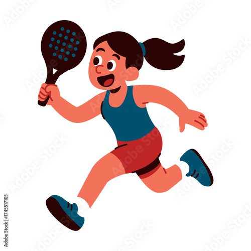 Fast-paced girl in motion with racket raised, sprinting to return shot.