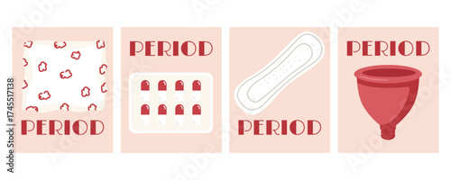 A set of posters and banners on the topic of women's menstruation and reproductive health. Hygiene elements: pads, menstrual cups, painkillers
