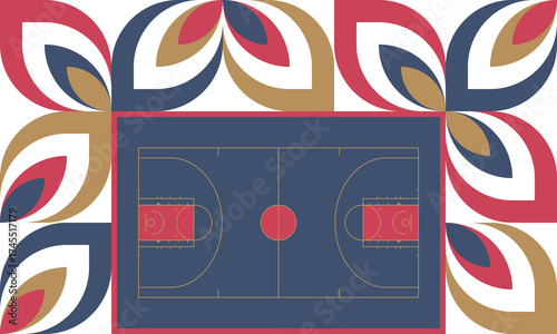 Basketball Court. Basketball design. Street sport art. Game Day. Basketball playoff. Final games. Team championship. Ball for Basketball. Sport creative poster. Modern graphic. Vector wallpaper