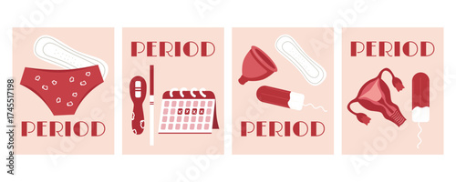 A set of posters and banners on the topic of women's menstruation and reproductive health. Hygiene elements: pads, tampons, menstrual cups, uterus, panties, period calendars, pregnancy tests