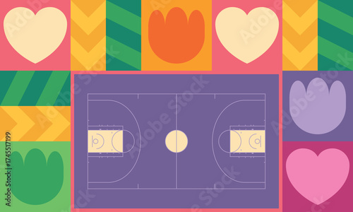 Basketball Court. Basketball design. Street sport art. Game Day. Basketball playoff. Final games. Team championship. Ball for Basketball. Sport creative poster. Modern graphic. Vector wallpaper