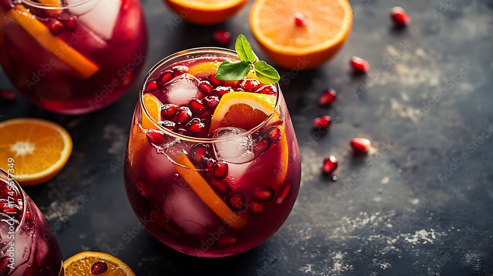 Fototapeta premium Pomegranate wine sangria or punch drink with fresh orange