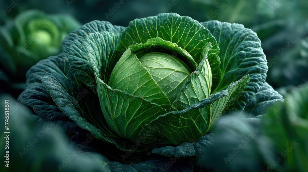 Obraz premium A close-up image of a large, tightly packed green cabbage head showcasing fresh, crisp leaves with vibrant green hues.
