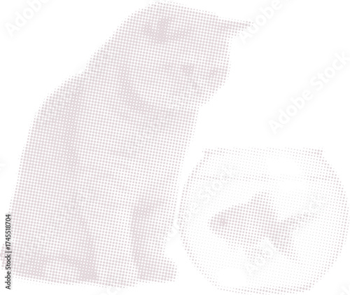 Side profile of a cat watching a goldfish in a bowl. Minimalist halftone pop art vector illustration of a domestic pet for graphic design and print.