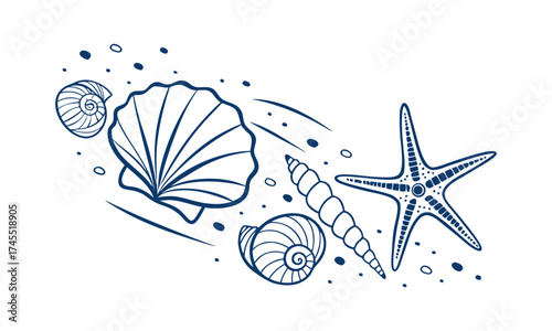 Seashell Line Icons Set – Minimal Blue Outline Marine Vector illustration, Ocean Shells and Starfish – Clean Blue Line Art Collection on White, easily editable.