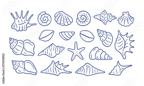 Seashell Line Icons Set – Minimal Blue Outline Marine Vector illustration, Ocean Shells and Starfish – Clean Blue Line Art Collection on White, easily editable.
