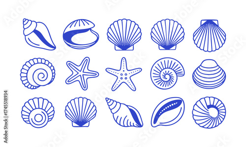 Seashell Line Icons Set – Minimal Blue Outline Marine Vector illustration, Ocean Shells and Starfish – Clean Blue Line Art Collection on White, easily editable.