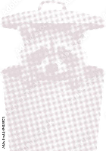 Funny raccoon peeking from a trash can in a retro halftone dot style. Minimalist vector graphic of a curious urban animal for humorous t-shirts, stickers, and prints.