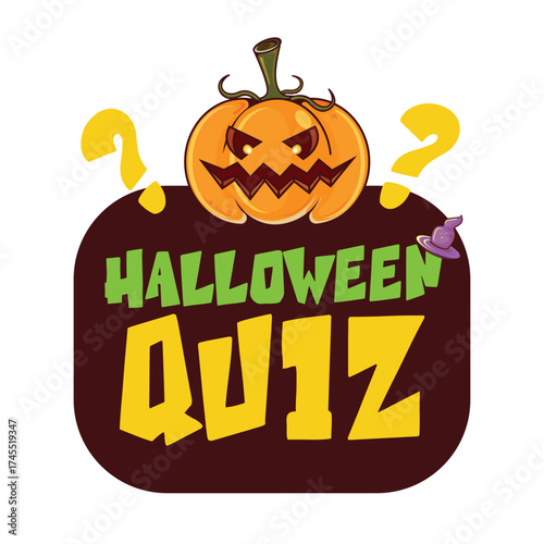 Halloween quiz symbol with cartoon pumpkin. Funny pumpkin isolated on white background with speech bubble. Halloween kids quest and quiz game graphic vector illustration