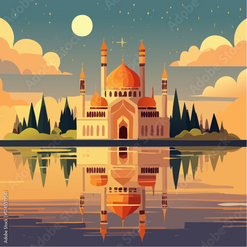 Mosque reflection on water with moonlit sky