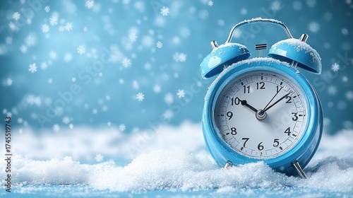 Blue alarm clock in snow