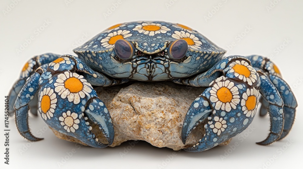 Fototapeta premium Blue crab, floral design, on rock, closeup