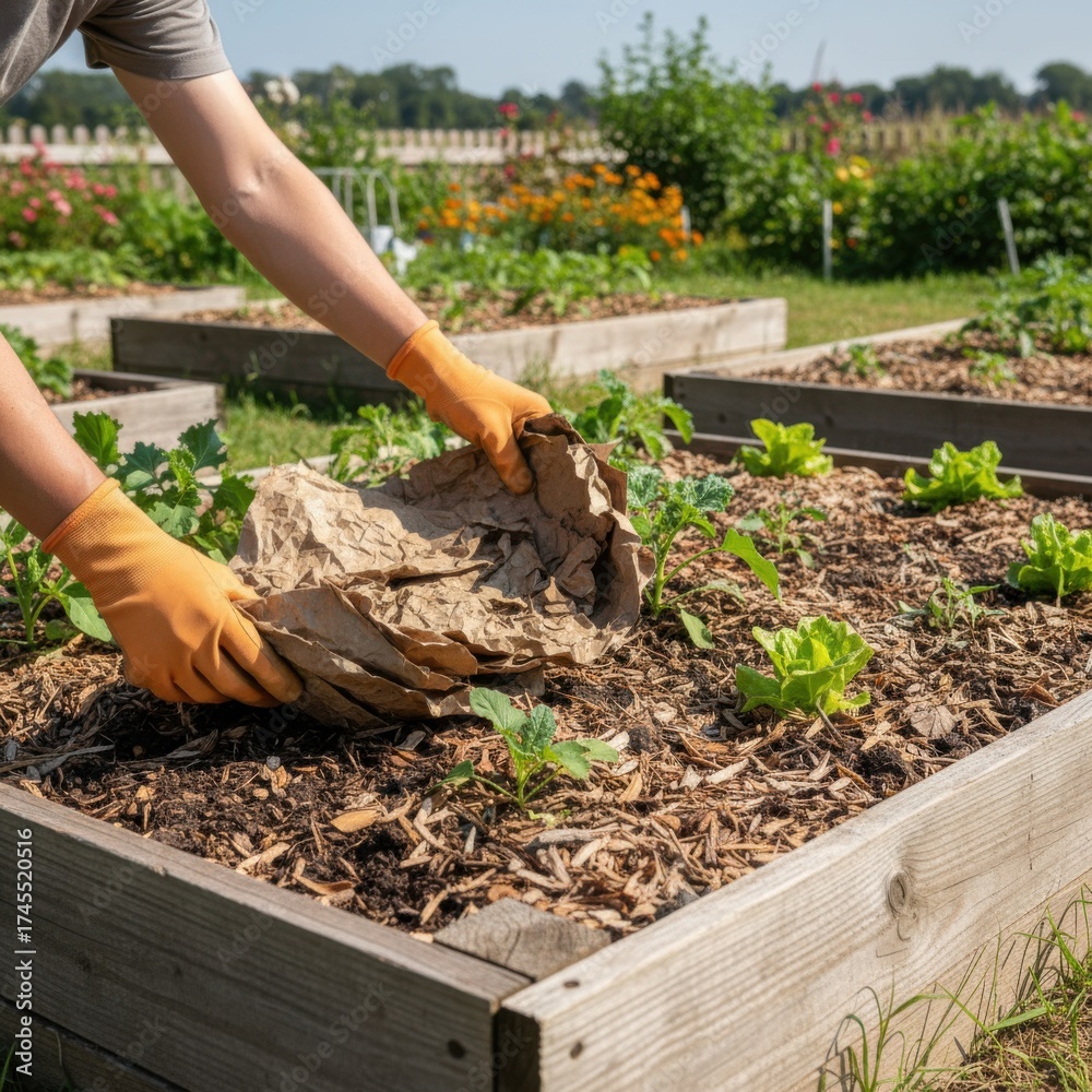 Fototapeta premium Medium view of hands spreading paper mulch over garden beds showcasing renewable compostable materials supporting organic agriculture and healthy plant growth.