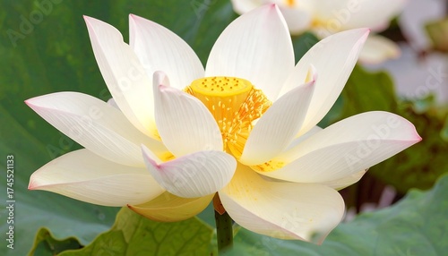Close-up of a pristine white lotus flower, petals softly outlined in light pink, with a vibrant yellow center