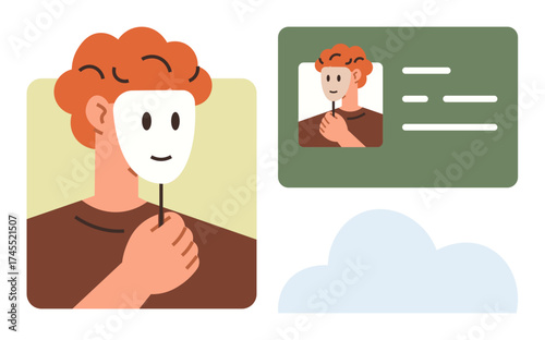 Person holding mask near face with profile card and abstract cloud. Ideal for identity, privacy, anonymity, online persona, cybersecurity, disguise, social media. Simple flat metaphor