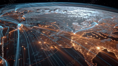 Dynamic Visualization of Global Connections and Data Flow Above Earth at Night