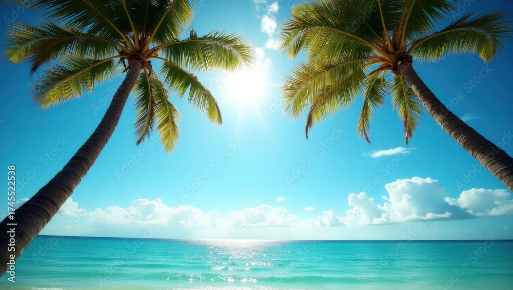 Fototapeta premium Tropical Beach with Palm Trees and Turquoise Sea on a Sunny Day
