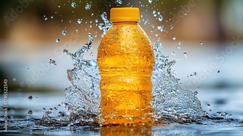 Yellow plastic bottle with water splash