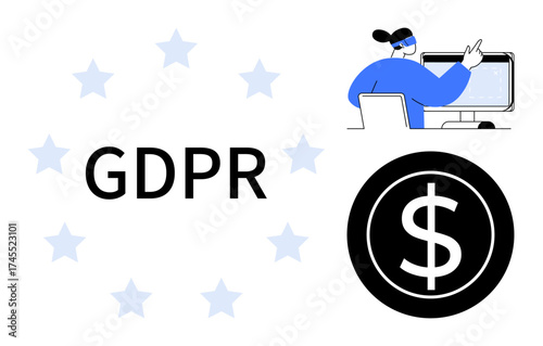 Analyst working on computer beside monetary icon, GDPR text with stars. Ideal for privacy, compliance, finance, technology, security, regulation legal contexts. Simple flat metaphor