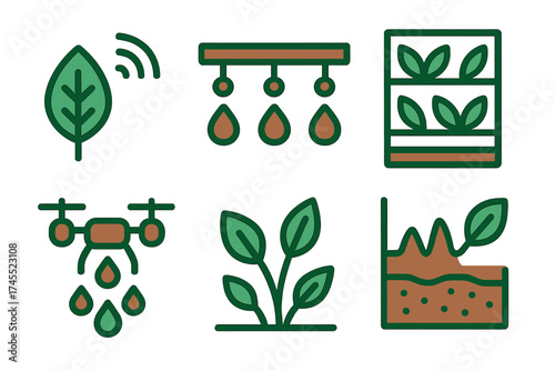 Smart farming technology icons featuring drone spraying and vertical garden systems