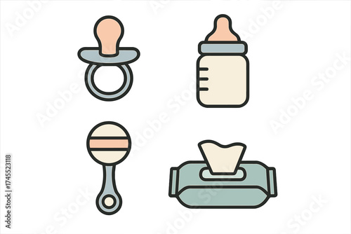 Icon set of newborn baby essentials including pacifier, feeding bottle, rattle toy, and wet wipes container