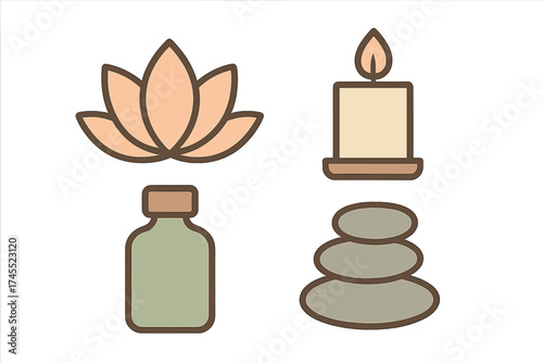 Minimalist spa and wellness symbols featuring lotus, candle, oil, and stacked stones