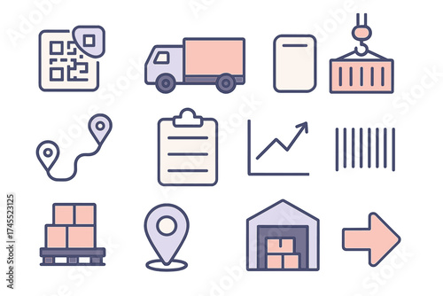 Set of logistics and delivery icons showing truck, warehouse, QR code, barcode, and location pins