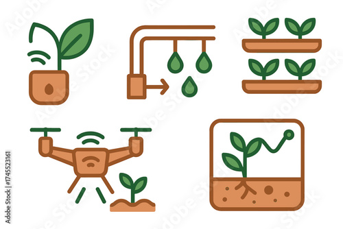 Smart farming technology concepts showing drone monitoring, automated irrigation, and plant growth analysis