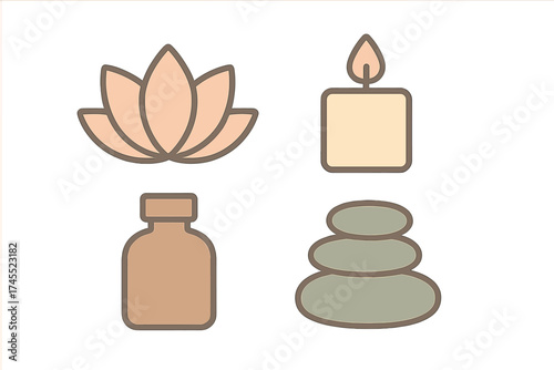 Minimalist wellness symbols: lotus flower, burning candle, essential oil bottle, and balanced spa stones