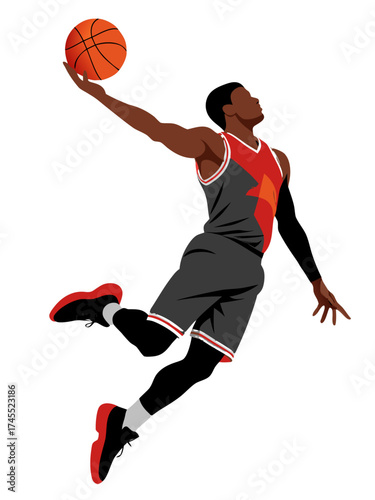 Vector illustration of a single professional basketball player silhouette performing a slam dunk with a ball, symbolizing power, skill, athleticism, and dynamic sports energy