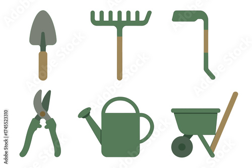 Set of essential gardening tools including rake shovel and watering can flat lay