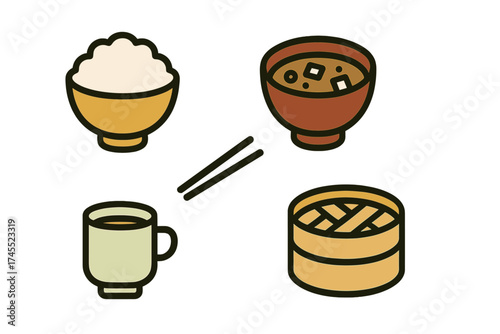 Asian food icons set including rice bowl miso soup tea and dim sum steamer