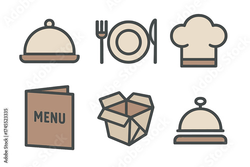 Essential restaurant and food service elements: chef hat, place setting, menu, and takeout box