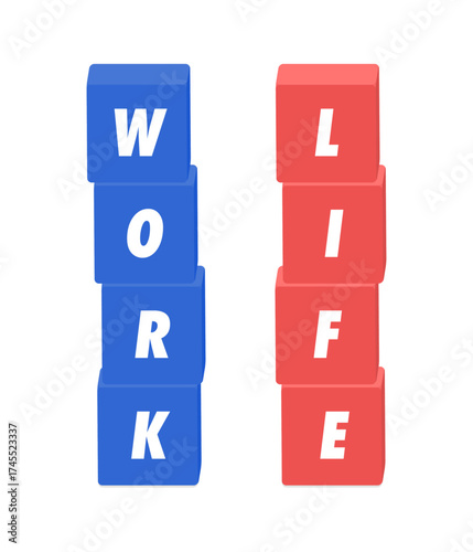 WORKとLIFEの英語の文字と青と赤のブロック - ワークライフバランスや仕事と生活のイメージ素材