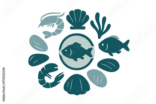 Circular arrangement of various seafood icons including fish, shellfish, and marine plants in teal colors