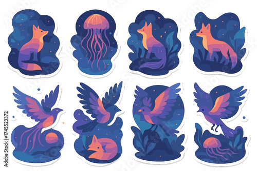 Mystical animal and marine life patches featuring glowing gradients on dark background