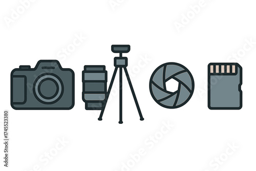 Set of essential photography equipment icons including camera lens and tripod symbols