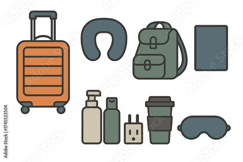 Essential items for travel including luggage, backpack, neck pillow, and personal care products