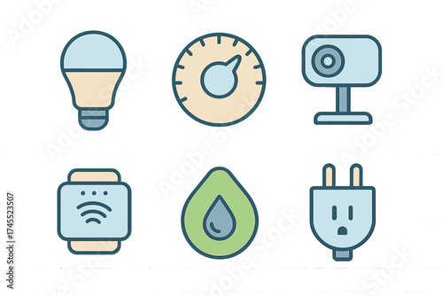 Essential smart home technology and utility icons set featuring light bulb, camera, and thermostat