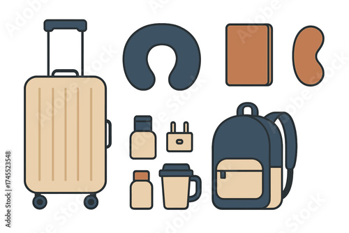 Essential travel accessories set including suitcase, backpack, neck pillow, and personal items