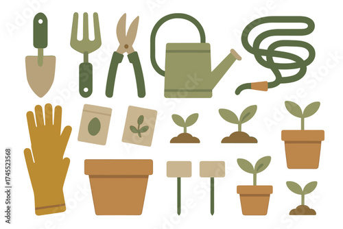 Essential gardening tools and young seedlings collection ready for spring planting