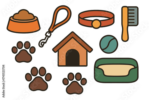 Essential dog supplies collection including collar leash food bowl and brush