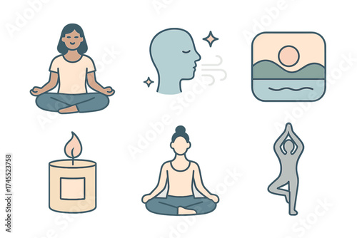 Wellness and mindfulness concepts featuring meditation, yoga poses, mental clarity, nature, and relaxation
