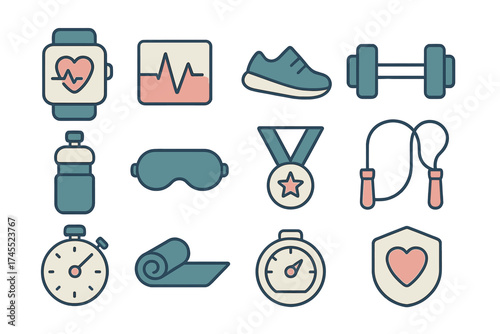 Health sport and fitness icons set featuring smartwatch dumbbell jump rope and yoga mat